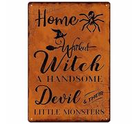 Halloween Decorations, Home Of A Wicked Witch A Handsome Devil And Their Little Monsters Funny Metal Tin Sign For Home Kitchen Bedroom Porch Yard, 8X12 Inch Vintage Door Wall Decor
