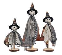Halloween Decorations Indoor - 3 Set Primitive Style Ghosts with Hats & Wooden Stand, Vintage Spooky Table Centerpieces, Shelf, Entryway Halloween Party Decor (Set B)
