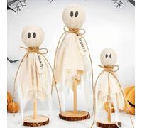 Halloween Decorations Indoor - 3 Set Primitive Style Ghosts with Hats & Wooden Stand, Vintage Spooky Table Centerpieces, Shelf, Entryway Halloween Party Decor (Set A)