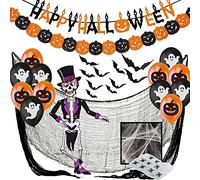 Halloween Decorations Indoor Set XXL Happy Halloween Banner, Bats 3D, Pumpkin Garland, Balloons With Ghosts, Spider Web with Spiders, Creepy Cloth Black Net, Giant Spider & Jointed Skeleton
