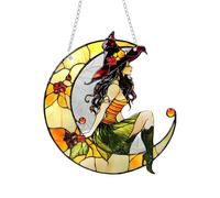 Halloween Decorations Indoor Witch Hanging Moon Witch Ornament Halloween Home Decoration Indoor Wall Hanging For Living Room Bedroom Party Festive Acrylic Witchcraft (Green, 20X18.4cm)
