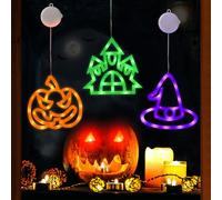 Halloween Decorations, Jsdoin 3 Pack Halloween Window Lights with Suction Cup Battery Operated Light Pumpkin Spider Witch Hat Cat Castle Lights for Party Indoor Home Shop
