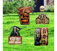Halloween Decorations Outdoor - 4 Pack Scary Yard Signs with Stakes, Halloween Decorations for Garden, Lawn or Pathway, Warning Signs “KEEP OUT”, “TURN BACK” for Haunted House Decor