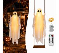 Halloween Decorations Outdoor Ghost Swing, 5 FT Hanging Swinging Ghost Outdoor Decor with Remote Control Lights & Upgraded Sheet, Adjustable Height Ghost on a Swing for Tree Porch Yard Garden Lawn