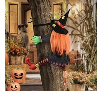 Halloween Decorations Outdoor, Halloween Crashing Witch Into Tree, Halloween Door Decorations, Flying Witches into Tree Trunks Pillars Ornaments, Witch Hanging Outdoor Ornaments for Courtyard Garden