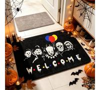 Halloween Decorations Outdoor Halloween Door Mat Horror Movie Characters Welcome Print Black Base Scary Face Graphic Iconic Villain Silhouette Paired with Colorful Balloon Builds Spooky Vibe 40×60cm