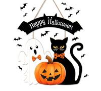 Halloween Decorations Outdoor/Indoor,Home Decor Wooden Welcome Sign Wall/Door,Cute Ghost/Black Cat/Pumpkin Hanging Decor,Durable Fall Wreaths for Horror party