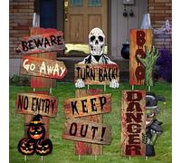 Halloween Decorations Outdoor Yard Signs, 6PCS Creepy Blood Beware Warning Sign with Stakes for Garden Lawn Party Supplies, Scary Theme Props Decor for Haunted House Holiday