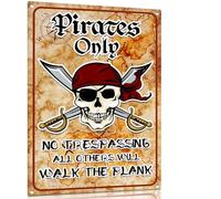 Halloween Decorations Pirate metal signs Pirates Only No Trespassing, Walk The Plank Warning, Spooky Skeleton Skull Wall Decor for Haunted House, Party Decorations, Indoor Outdoor Halloween Props