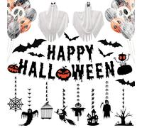 Halloween Decorations Set - Halloween Party Balloons Kit with Orange/Black Balloons, Hanging Ghosts, 3D Bats, Banner and Hallowe'en Hanging Decoration, Indoor Halloweens Decor Pack for Home
