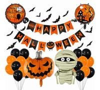Halloween Decorations Set with Balloons, Bunting, 3D Bats & Foil Balloons | Complete orange and black party kit with mummy and pumpkin figures for homes, classrooms and family celebrations