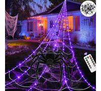Halloween Decorations Spider Web Lights, 5M Waterproof Spider Web Lights & 1.5M Giant Spider, Indoor Outdoor Cobweb Light Battery Operated with Remote/8 Modes/Timer, Haunted House Party Yard Decor