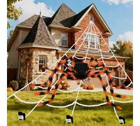 Halloween Decorations Spider Web Set,200 "*188" Triangle Giant Spider Web & Realistic 59" Large Yellow Hairy Scary Spider for Indoor Outdoor Porch Yard,Scary Haunted House Décor,Halloween Party Props