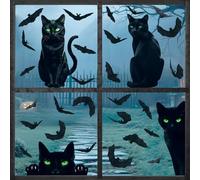Halloween Decorations Window Clings,4 Sheet Large Black Cats Halloween Window Stickers,Bats Silhouette Window Decals for Indoor School Home Office Party Decor