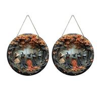 Halloween Decorative Doorplate Wooden Craft With Five Witches Atmosphere Circular Decoration