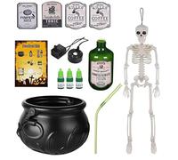 Halloween Decorative Outdoor Witch Cauldron Reusable Halloween Witch Cauldron with Magic Floating Potion & USB Diffuser - Scary Plastic Punch for Kitchen/Patio - Includes Skeleton Decoration