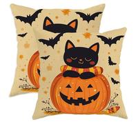 Halloween Decorative Pillow Covers Set of 2, Cat and Pumpkin Pattern Cushion Cases, Cozy Autumn Farmhouse Decor for Sofa Bed Couch 24x24 Inch