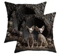 Halloween Decorative Throw Pillow Covers Set of 2, Cat Skeleton Cushion Cases, Spooky Farmhouse Decor for Sofa Bed Couch 22x22 Inch