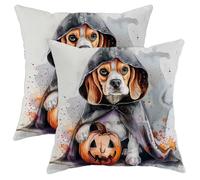 Halloween Decorative Throw Pillow Covers Set of 2, Cute Beagle Puppy with Pumpkin Design, Black and Orange Holiday Seasonal Farmhouse Cushion Covers for Home Sofa Bed Couch 18x18 Inch