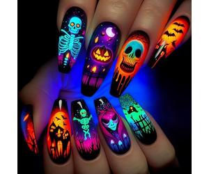 Halloween Design Set 24 Pcs Press-Ons Featuring Eerie Skeletons, Fun Pumpkins, and ghost Bat Designs Cobweb Faux Nails Halloween Skeleton Faux Nails