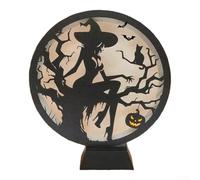 Halloween Desktop Wooden LED Candle Holder with USB Power Projecting Decorative and Spooky Light Patterns (Sitting Witch)
