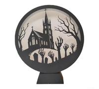 Halloween Desktop Wooden LED Candle Holder with USB Power Projecting Decorative and Spooky Light Patterns (Ghosthand Church)