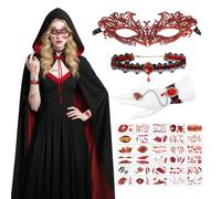 Halloween Devil Cape Set for Women, Vampire Costume with Black Red Double Sided Hooded Cape, Eye Mask, Necklace, Bracelet, Scars Tattoo Sticker, Devil Costume for Halloween Theme Party Cosplay