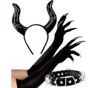 Halloween Devil Costume Accessories for Women, 3-Piece Set, Black Horn Headband, Devil Claw Glove and Faux Leather Necklace, Costume Accessory for Halloween, Carnival, Costume Party, Cosplay