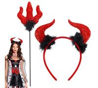 Halloween Devil Costume Accessories Set, Red Sparkly Devil Horn Headband and Wand Set, Halloween Costume Photo Props, Cosplay Party Accessories for Adult and Kids