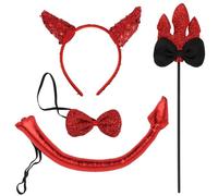 Halloween Devil Costume Set Devil Horns Headband Tail Bow Tie Trident Wand | Sequin Red Devil Costume Kit for Halloween Fancy Dress Up themed party photo shoot costume accessories