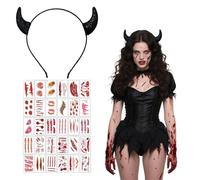 Halloween Devil Horns Headband with Zombie Scars Tattoo Sticker Halloween Fancy Dress Costume Party Accessory Decoration for Women Men Children Carnival Cosplay Headpiece