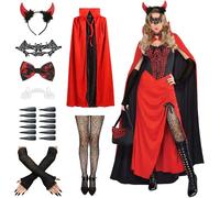 Halloween Devil Vampire Costume Set, Vampire Cape Reversible Cloak with Devil Horns Bow Tie Gloves Masks Fishnet Stockings Teeth Womens Devils Cape Outfit for Fancy Dress Halloween Carnival