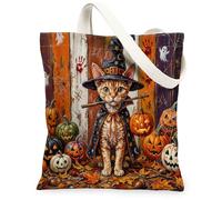 Halloween Devon Rex Cat Canvas Tote Bag for Shopping 13 * 15, Rustic Horror Pumpkin Reusable Grocery Bag for Women, Scary Farmhouse Beach Aesthetic Painting Gift Decor