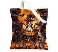 Halloween Devon Rex Cat Canvas Tote Bag for Shopping 13x15, Vintage Kitten Witch Cauldron Reusable Grocery Print Pattern Bag for Women, Scary Beach Aesthetic Painting Gift Decor