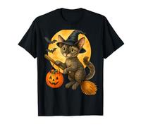 Halloween Devon Rex Cat Witch Flying on Broom Candy Moon T-Shirt