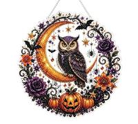 Halloween Diamond Art, Hanging Ornament, DIY 5D Special Shape Crystal Drill Art Kit, Round Acrylic Gem Painting with Chain. Spooky, Black Cat, Witch Ghost, Pumpkin Decor for Home Window. (C)