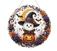 Halloween Diamond Art, Hanging Ornament, DIY 5D Special Shape Crystal Drill Art Kit, Round Acrylic Gem Painting with Chain. Spooky, Black Cat, Witch Ghost, Pumpkin Decor for Home Window. (D)