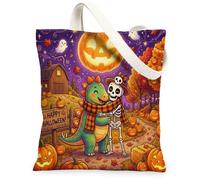 Halloween Dinosaur Canvas Tote Bag for Shopping 13 * 15, Dinosaur Fall Fun Skeleton Reusable Grocery Shoulder Bag for Women, Farm Painting Gift Decor