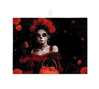 Halloween Dish Drying Mats For Kitchen Counter, Gothic Red Rose Absorbent Dish Drainer Rack Mat, Spooky Microfiber Drying Pad For Kitchen Counter Coffee Bar Protector 18x24 Inch