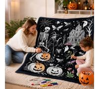 Halloween DIY Coloring Blanket with Markers, Giant Doodle Coloring Blanket, Creative Art Custom Fabric Blankets, Personalized Cozy Halloween Home Decor, Interactive Play Mat for Party Activities
