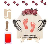 Halloween DIY Footprint Art Sign Baby’s First Halloween Milestone Keepsake | Happy Halloween From Our Monster Spooky Skeleton Red Rose Wooden Craft Sign for Baby Shower Newborn Baby Photoshoot Prop