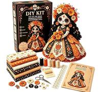 Halloween DIY Patchwork Kit,Day of the Dead Patchwork Doll DIY Kit,Sugar Skull Sewing Craft Kits,Handmade Fall Home Decor,Pre-Cut Plush Doll Making Sewing Set with Stuffing & Thread (A Color)