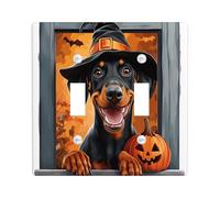 Halloween Doberman Dog Decorative Light Switch Cover Plate 2 Gang Double Toggle, Cute Funny Window Electrical Switchplate, Pet Faceplate for Kitchen Living Room Decor