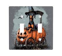 Halloween Doberman Dog Decorative Light Switch Cover Plate 2 Gang Double Toggle, Pumpkins Carriage Electrical Switchplate, Pet Faceplate for Kitchen Living Room Decor