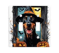 Halloween Doberman Dog Decorative Light Switch Cover Wall Plate 2 Gang Double Toggle, Cute Funny Window Electrical Switchplate Pet Faceplate for Kitchen Living Room Decor
