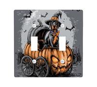 Halloween Doberman Dog Decorative Light Switch Cover Wall Plate 2 Gang Double Toggle, Pumpkins Carriage Electrical Switchplate Pet Faceplate for Kitchen Living Room Decor