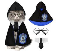 Halloween Dog Cat Costume Cape: Pet Wizard Apparels Cosplay Costume Set Soft Hoodies with Glasses Neckties Dog Outfit Pet Halloween Apparels (Blue, Medium)