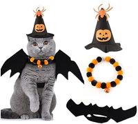 Halloween Dog Costumes Collar and Witch Hat 3Pcs Set Includes Witch Hat with Orange Pumpkin and Spider Orange Halloween Collar and Black Bat Clothes for Medium Small Dogs Cats