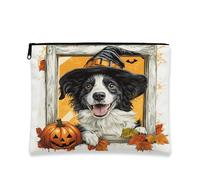Halloween Dog Makeup Bag, Spooky Pup Portrait Cosmetic Pouch for Women, Fun Canvas Zipper Organizer, Autumn Skincare Toiletry Bag 7x9 Inch