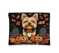 Halloween Dog Makeup Bag, Vintage Pumpkin and Graveyard Cosmetic Pouch for Women, Portable Canvas Zipper Organizer, Fall Festival Toiletry Bag 7x9 Inch